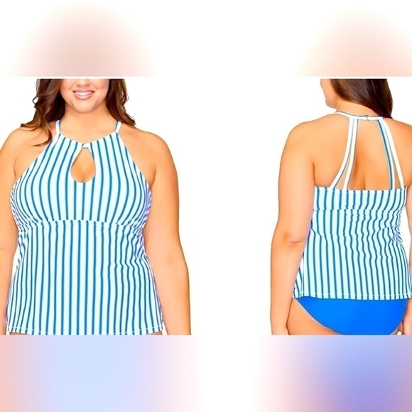 Women Plus Size Swim Tankini Too 18W Raisins Curve Shaper Underwire Striped Blue - Picture 1 of 11